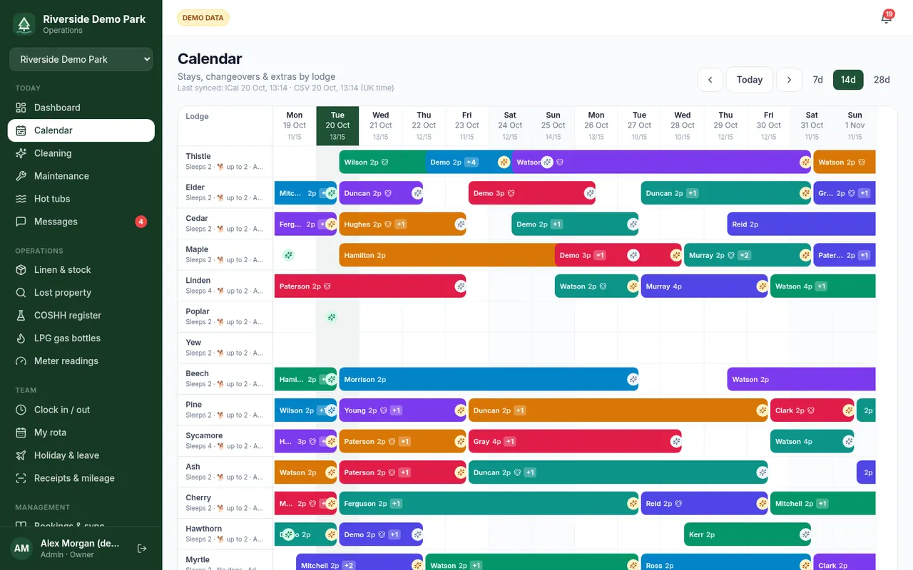 Calendar timeline of stays per lodge with changeover and extras markers (demo data)