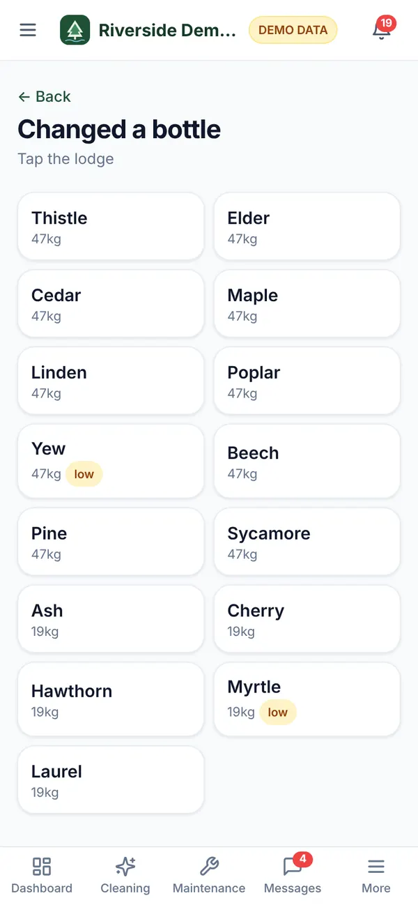 Two-tap ‘changed a bottle’ screen on a phone (demo data)