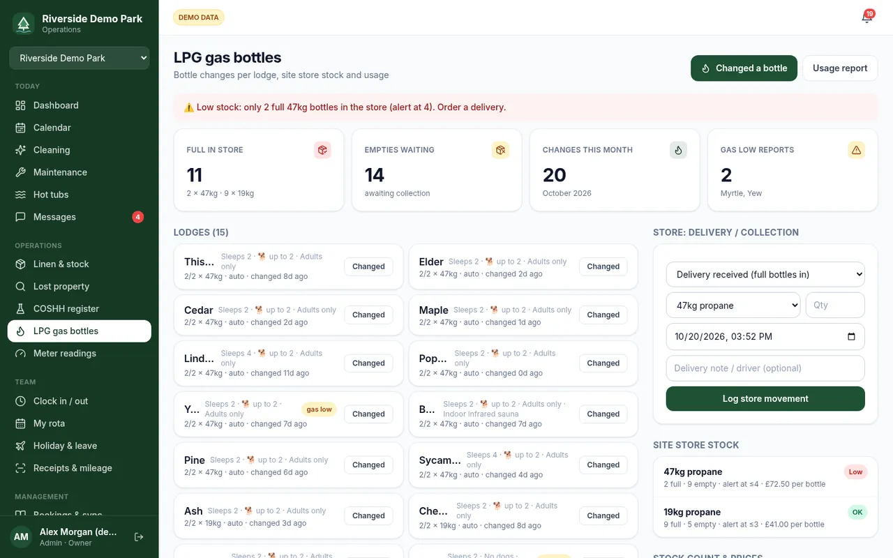 LPG gas overview with store stock, empties and bottle changes per lodge (demo data)